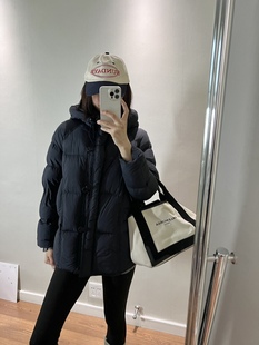 wenlustore冬季新款三星绒藏青色保暖中长款连帽羽绒服外套女