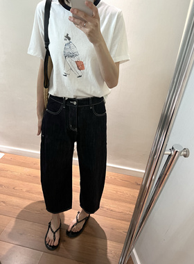 wenlustore夏季新款显瘦后腰松紧设计牛仔豌豆裤奶奶裤九分裤女