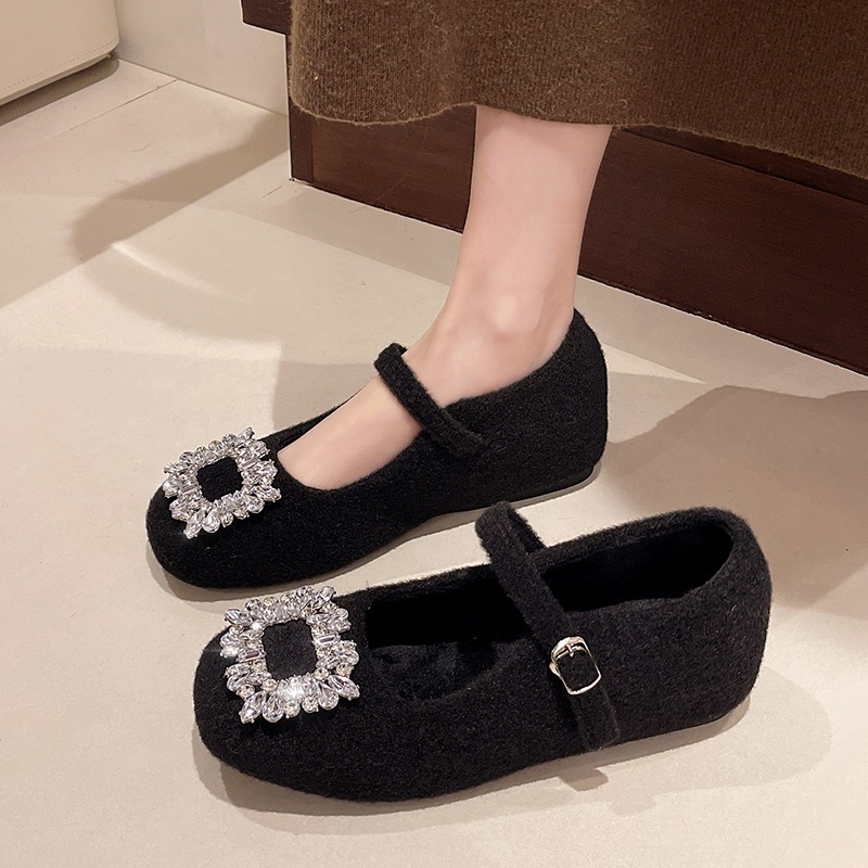 毛绒玛丽珍鞋女水钻方扣软底单鞋