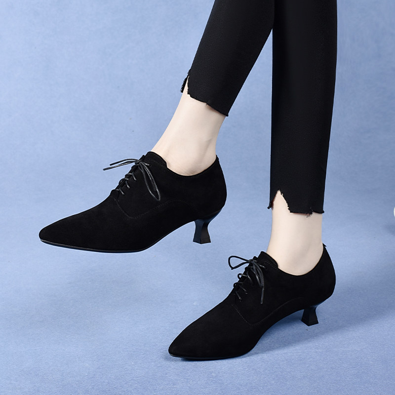 2025秋季新款3公分低跟高跟鞋女中跟磨砂皮单鞋系带真皮鞋女春秋,女鞋,深口单鞋,淘宝优惠券,粉丝福利购,淘宝优惠卷