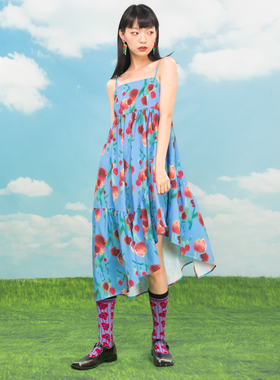 HHCH口海 日系复古少女抽象郁金香小众吊带中长款不规则夏连衣裙