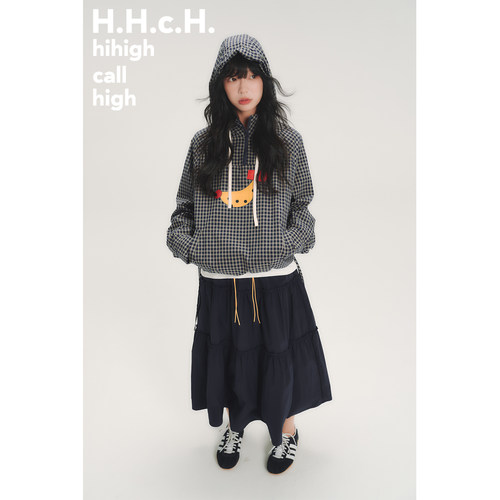 HHCH口海 AW26 香蕉印花复古格纹半开领插肩袖连帽长袖套头衫上衣