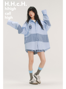 HHCH口海 AW25 手绘草莓撞色贴布绣蓝色格纹拼接宽松长袖衬衫