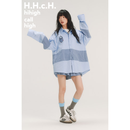 HHCH口海 AW25 手绘草莓撞色贴布绣蓝色格纹拼接宽松长袖衬衫