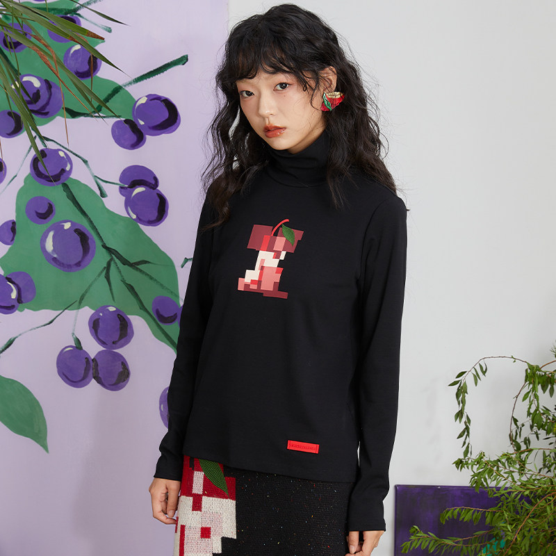 HHCH口海原创设计 复古像素红苹果印花高领长袖T恤针织打底衫,女装/女士精品,T恤,淘宝优惠券,粉丝福利购,淘宝优惠卷