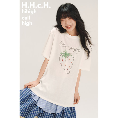 HHCH口海 SS26 手稿草莓印花凉感雪花棉圆领落肩宽松短袖T恤
