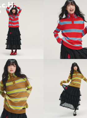 HHCH口海 AW25 原创撞色彩色条纹半开领正肩针织打底衫毛衣