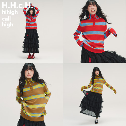 HHCH口海 AW25 原创撞色彩色条纹半开领正肩针织打底衫毛衣