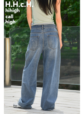 HHCH口海 25SS 苹果图案烫钻慵懒低腰水洗磨破直筒宽松牛仔长裤