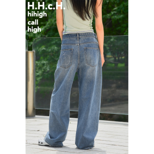 苹果图案烫钻慵懒低腰水洗磨破直筒宽松牛仔长裤 HHCH口海 25SS