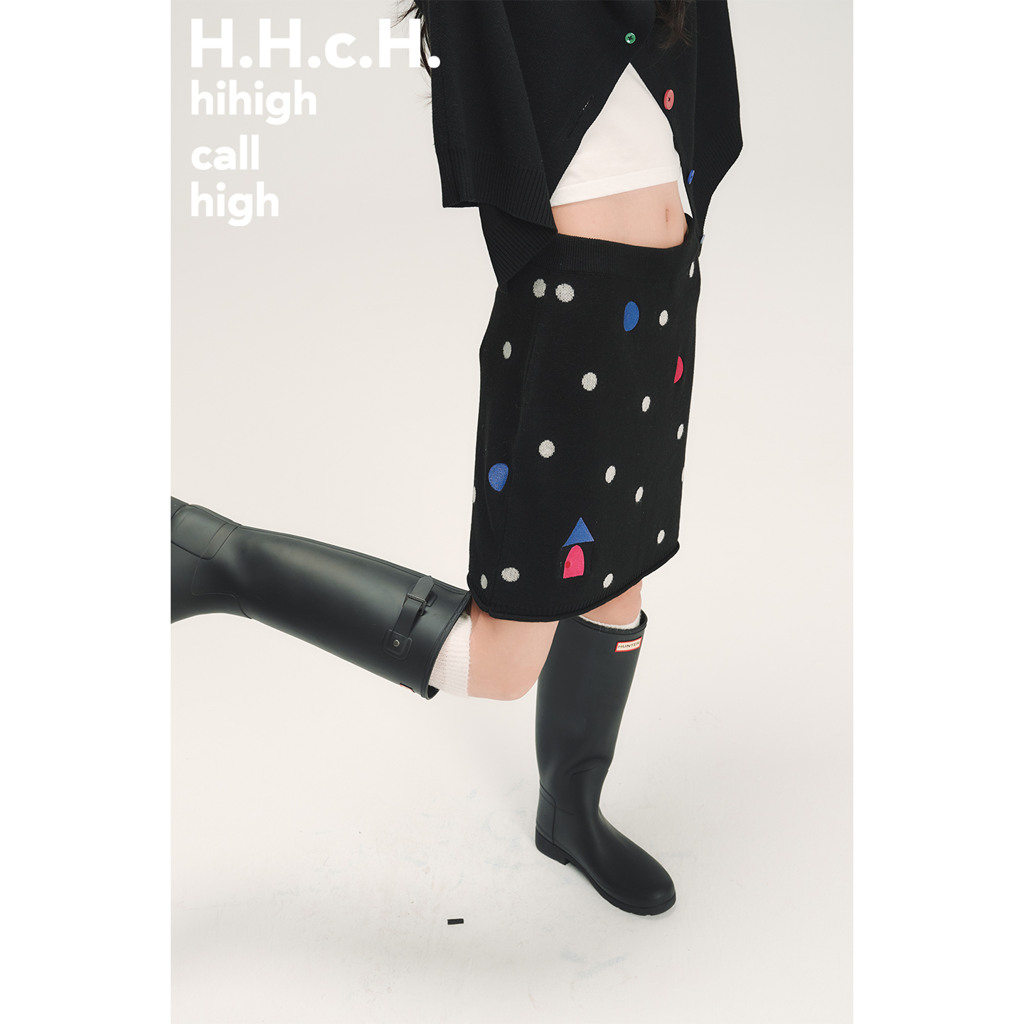 HHCH口海 AW25 彩色房子绣花羊毛混纺松紧腰波点提花针织半裙