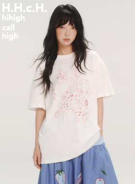 HHCH口海 25SS 原创设计樱花绣花落肩宽松直筒短袖白色T恤女上衣