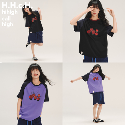 HHCH口海 SS26 樱桃印花撞色拼接插肩袖圆领宽松短袖T恤