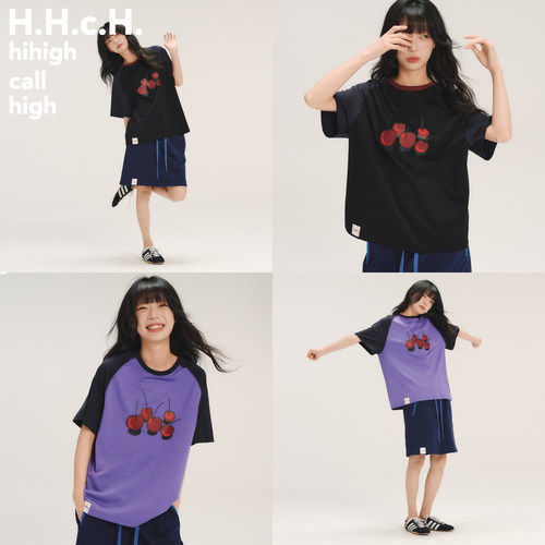 HHCH口海 SS26 樱桃印花撞色拼接插肩袖圆领宽松短袖T恤