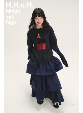 HHCH口海 AW25 彩色房子提花袖子撞色假两件套头针织毛衣