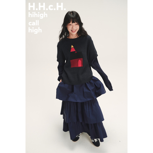 子撞色假两件套头针织毛衣 彩色房子提花袖 HHCH口海 AW25