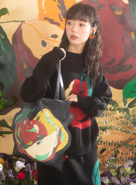 HHCH口海原创设计 水果印花不规则贴布黑色通勤托特包单肩包