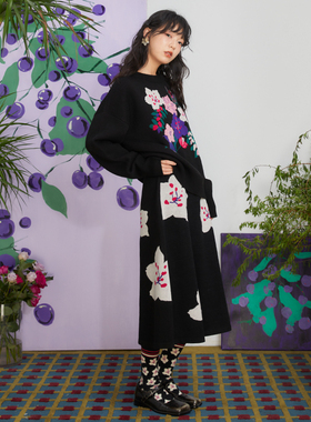 HHCH口海原创设计 复古樱花图案提花羊毛毛衣中长款针织半裙套装