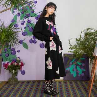 针织半裙套装 HHCH口海原创设计 复古樱花图案提花羊毛毛衣中长款