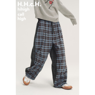 彩色小房子立体绣花格纹拼接松紧腰宽松直筒长裤 HHCH口海 AW25