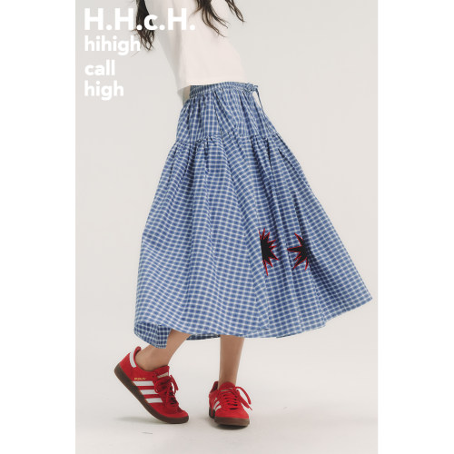 HHCH口海 AW25 手绘几何图案撞色贴布绣松紧腰中长款格纹半身裙