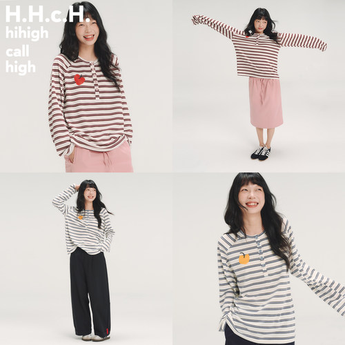 HHCH口海 SS26 苹果印花亨利领彩色条纹插肩袖长袖T恤罩衫