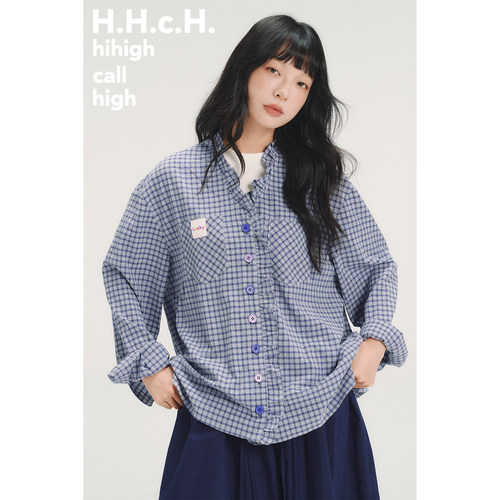 HHCH口海 SS26 Lucky蓝白格纹木耳边V领彩色纽扣落肩宽松衬衫