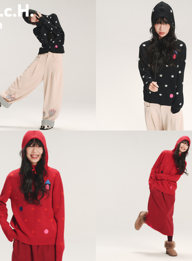 HHCH口海 AW25 彩色小房子绣花波点提花连帽针织衫毛衣上衣