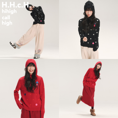 HHCH口海 AW25 彩色小房子绣花波点提花连帽针织衫毛衣上衣