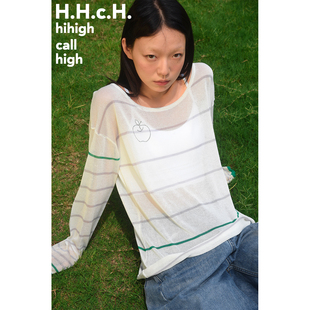 空调衫 HHCH口海 25SS 苹果烫钻撞色条纹一字领针织宽松长袖 罩衫
