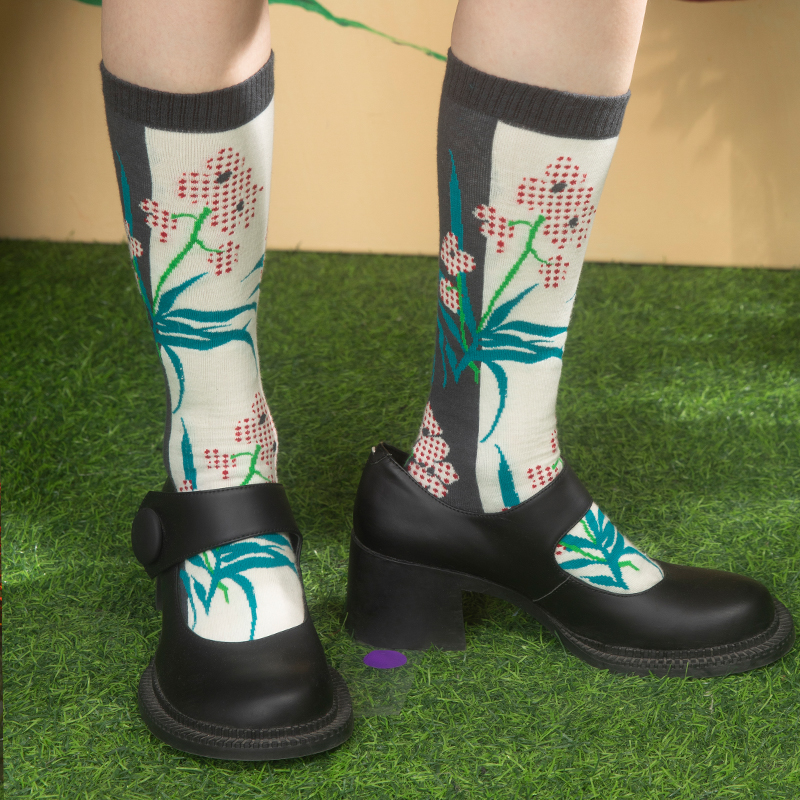 HHCH波点蝴蝶兰提花纯棉中筒袜