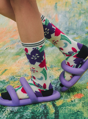 HHCH口海原创设计 复古樱花系列提花白色撞色中筒袜