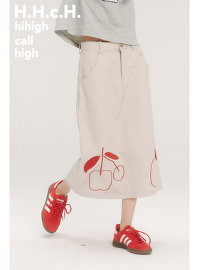 HHCH口海 AW25 手绘红樱桃绣花米灰色中长款A字半身裙