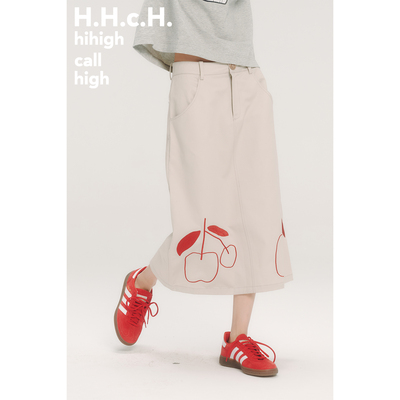 HHCH口海 AW25 手绘红樱桃绣花米灰色中长款A字半身裙