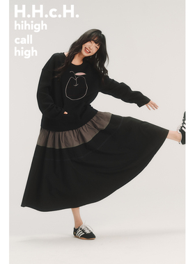 HHCH口海 AW25 苹果贴布绣撞色拼接假两件宽松长袖卫衣连衣裙