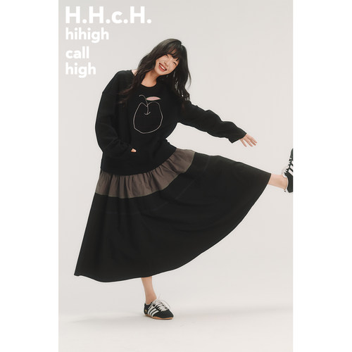 HHCH口海 AW25 苹果贴布绣撞色拼接假两件宽松长袖卫衣连衣裙