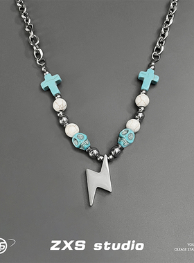 复古闪电骷髅十字架项链