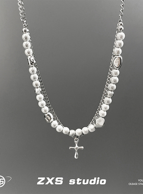 双层不规则反光珍珠十字架项