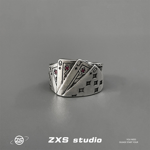 蹦迪嘻哈小众设计可调节指环女 ZXS复古牌神开口戒指男潮街头个性