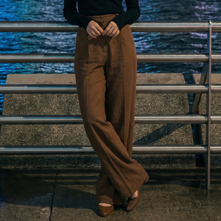 夏季高腰窄版亚麻直筒裤女冰丝垂感西装裤薄款天丝棉麻休闲长裤子