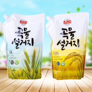 韩国进口爱敬谷物洗洁精家用果蔬餐具清洁剂袋装1200ml补充装