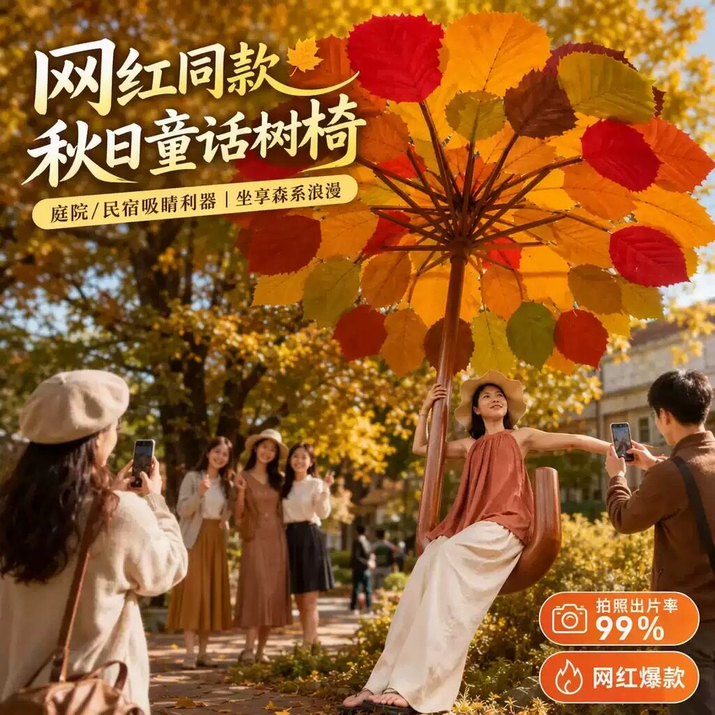 网红秋日童话树椅户外庭院民宿座椅拍照道具大型仿真树叶秋千椅