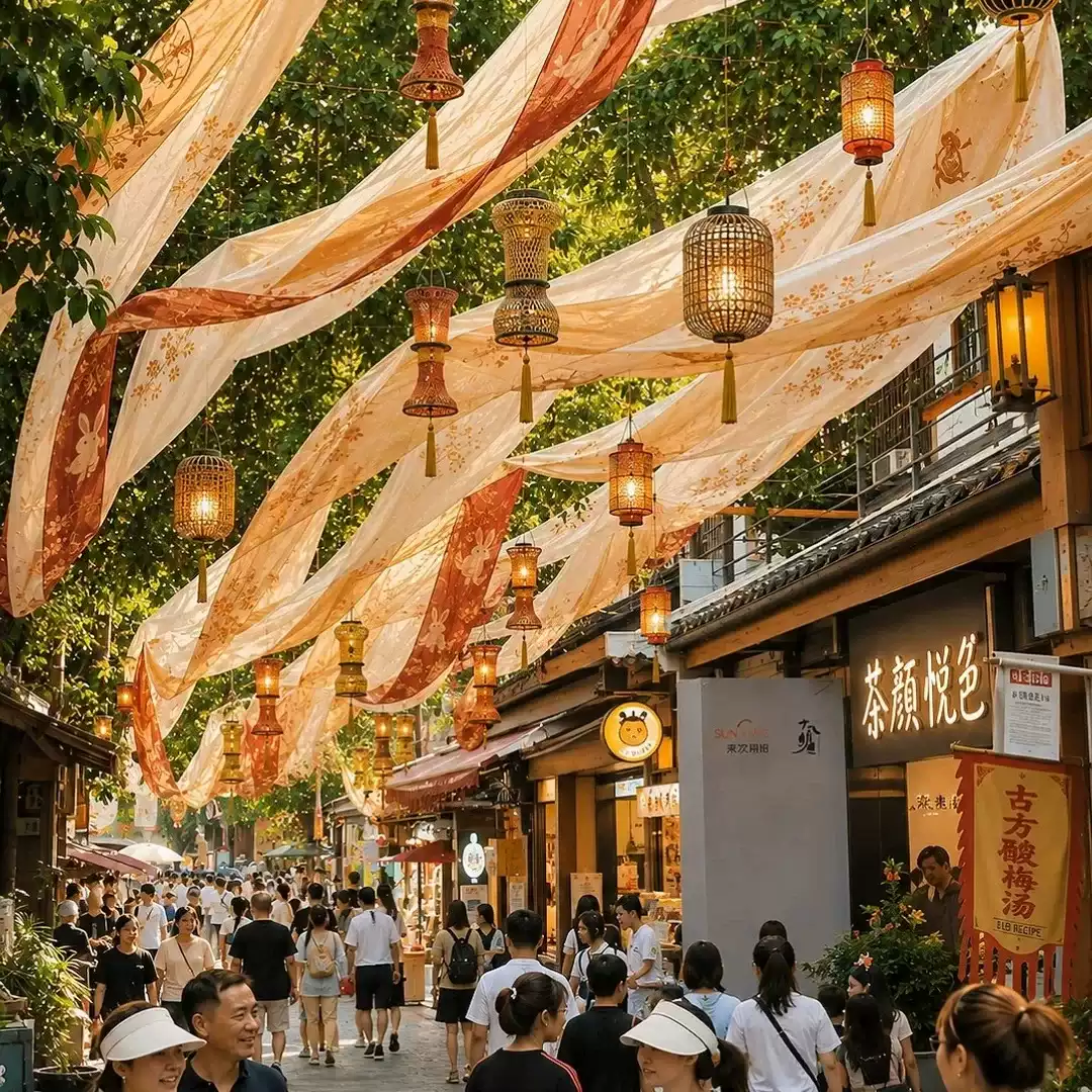 秋日金色纱幔景区古镇商业街区长廊波浪纱幔引流装饰美陈吊顶装饰
