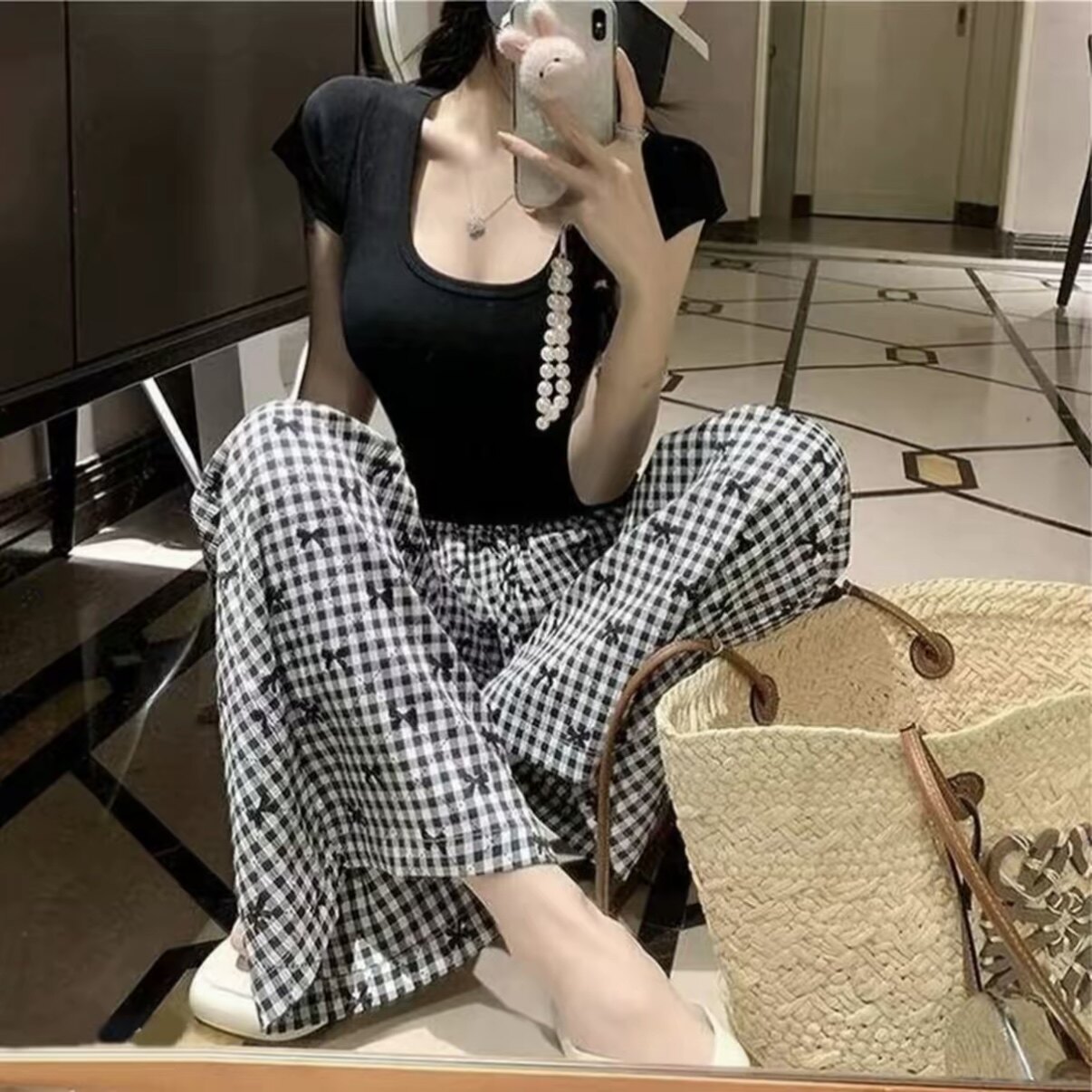 棉绸外穿家居裤子夏季高级睡裤薄款女士人造棉沙滩防蚊长裤棉绸可