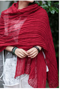 红色棉麻围巾超长加宽披肩西北沙漠旅游外搭披肩禅舞褶皱大丝巾女