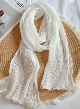韩系慵懒风褶皱肌理感丝巾女长条围巾植物染扎染手工染用白色胚布
