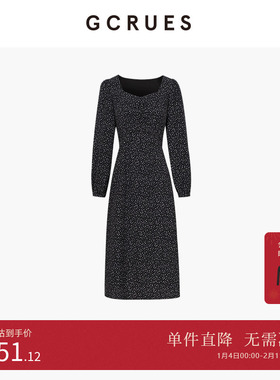 GCRUES商场同款黑色碎花连衣裙女秋收腰显瘦气质长裙 G07Q08A1462