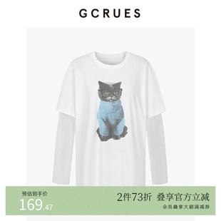 GCRUES商场同款 上衣G07Q03A0462 假两件猫咪印花T恤女蕾丝拼接长袖