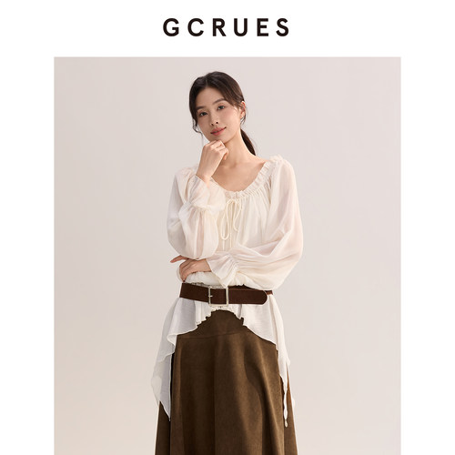GCRUES一字肩长袖雪纺小衫女春季
