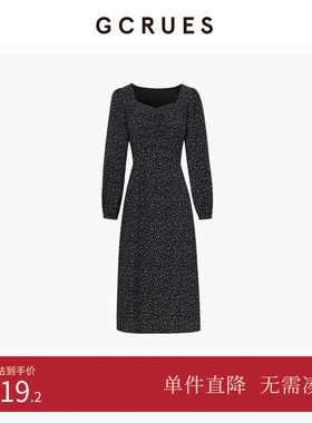GCRUES商场同款黑色碎花连衣裙女秋收腰显瘦气质长裙 G07Q08A1462